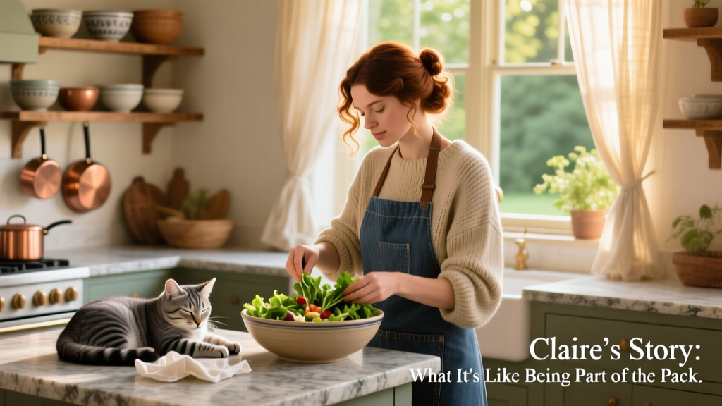 Claire preparing a healthy meal in a cozy, well-equipped kitchen while a cat naps nearby on the counter
