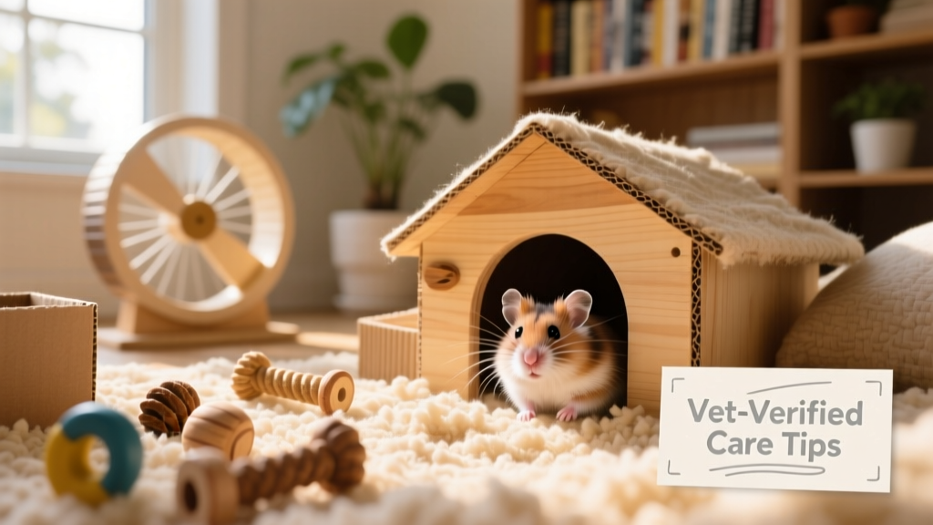 A cozy, enriched hamster habitat with a running wheel, hideout, chew toys, and fresh bedding