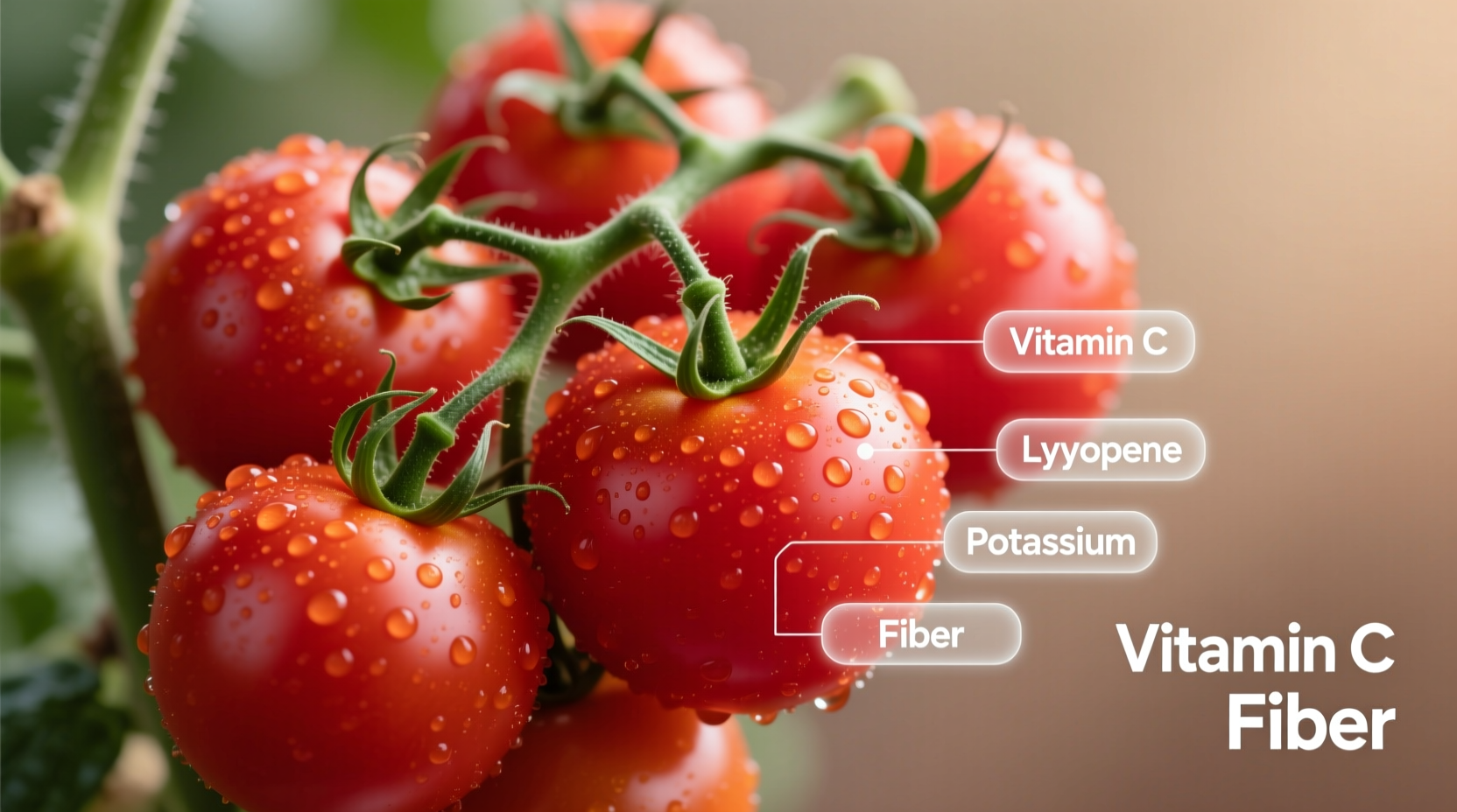 Fresh red tomatoes on vine showing nutritional components