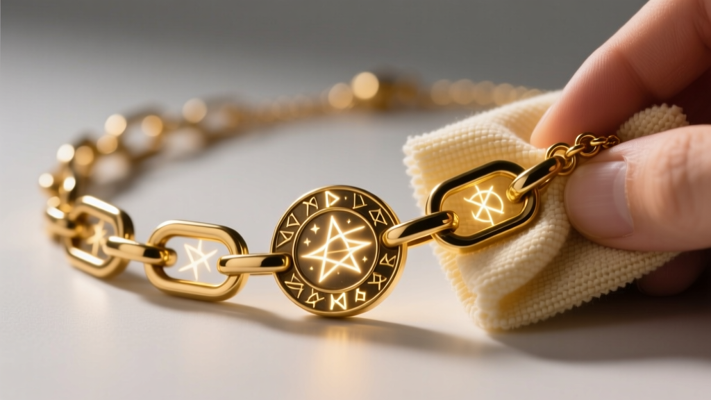 Microfiber cloth wiping gold-plated brass links of a fantasy RPG teleport necklace under bright, warm jewelry inspection lighting.