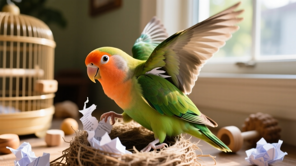 Female peach-faced lovebird tucking shredded paper into her back feathers, demonstrating nesting behavior