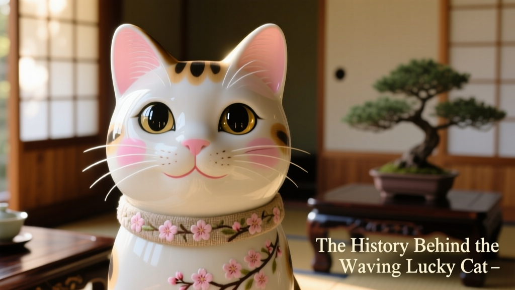Close-up of a Maneki-Neko’s face showing expressive eyes and gentle smile