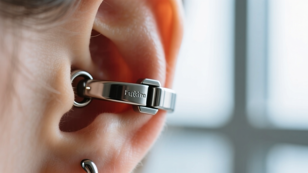 Macro photography of a hinged segment clicker ring being snapped shut in a daith piercing, highlighting the seamless joint.