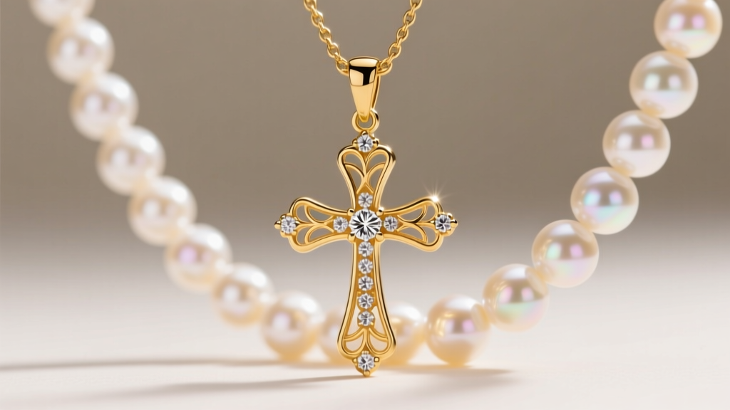 Macro close-up of a polished 18k gold cross pendant hanging from a freshwater pearl strand via a diamond-studded enhancer bail.