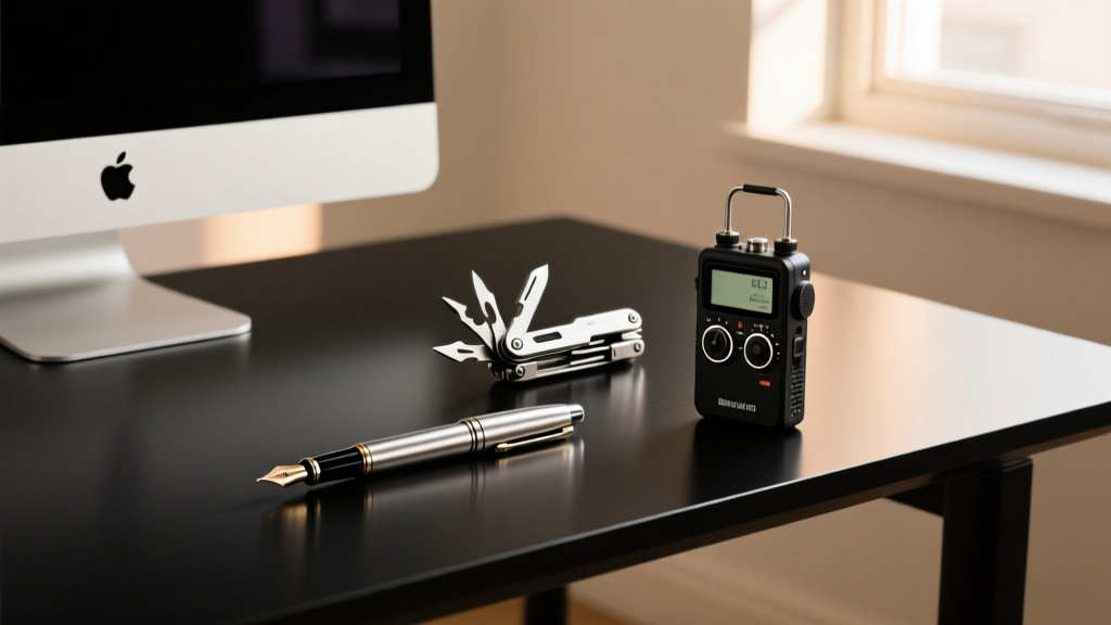 Matte-black desk setup featuring a titanium pen, premium multi-tool, and compact field recorder bathed in warm monitor glow.
