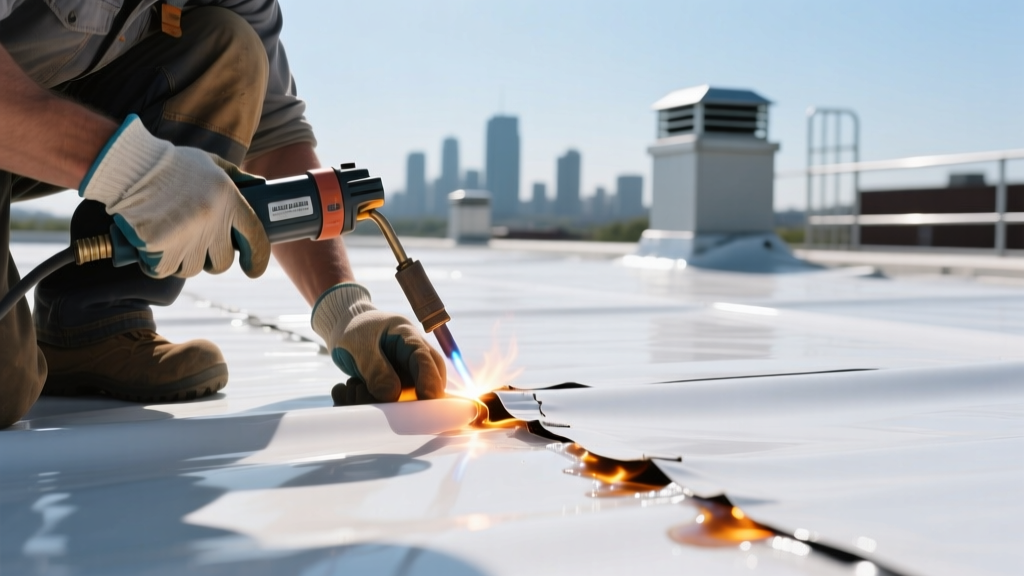Close-up of a roofer using a hot air welder to repair a split seam on a white TPO flexible waterproof material membrane on a flat commercial roof