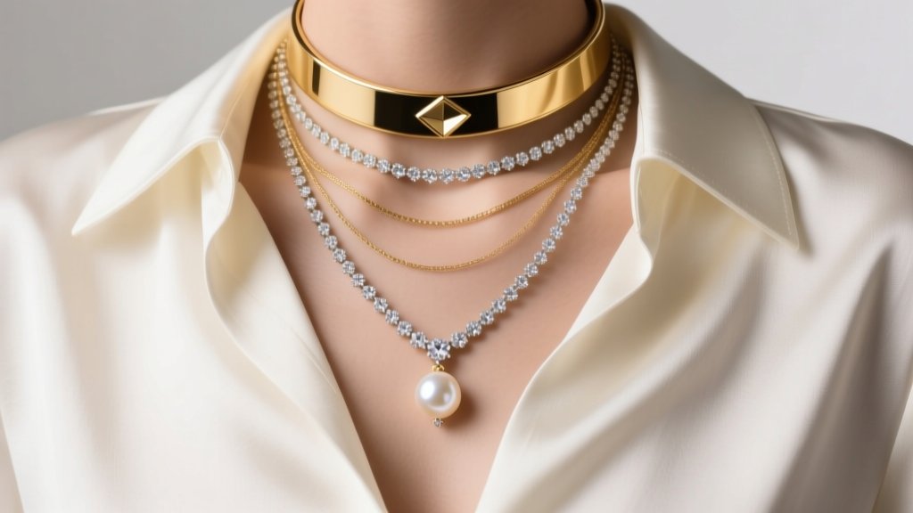 Fashion shot of a layered necklace stack featuring a diamond lariat, a gold choker, and a pearl pendant resting on a silk blouse
