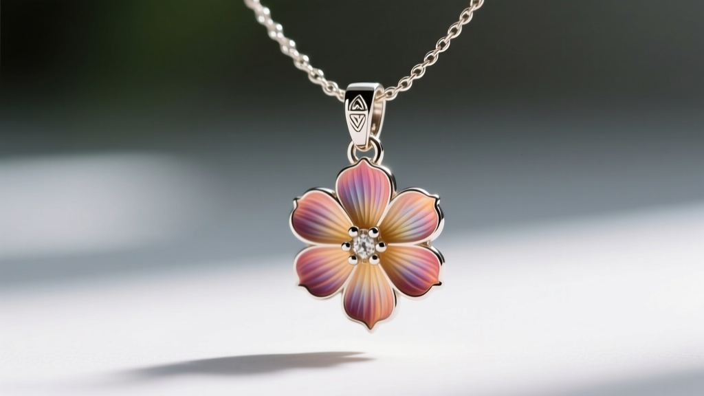 Macro shot showing the back of a floral pendant stuck upside down on a thin cable chain, highlighting the bail and clasp mechanism