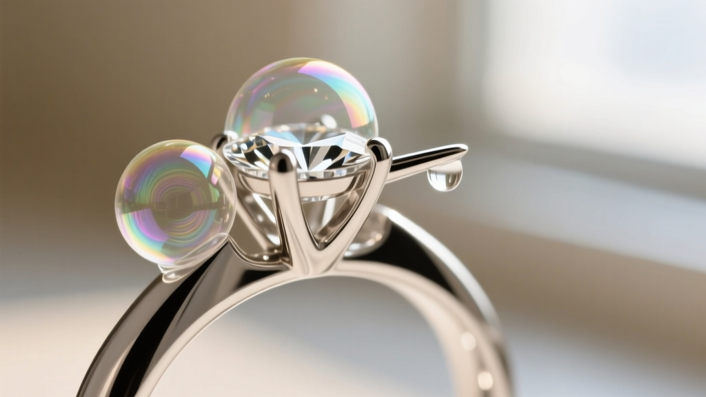 Soap bubbles on the platinum prongs of a diamond ring, highlighting gentle surfactant action on the highly polished metal surface