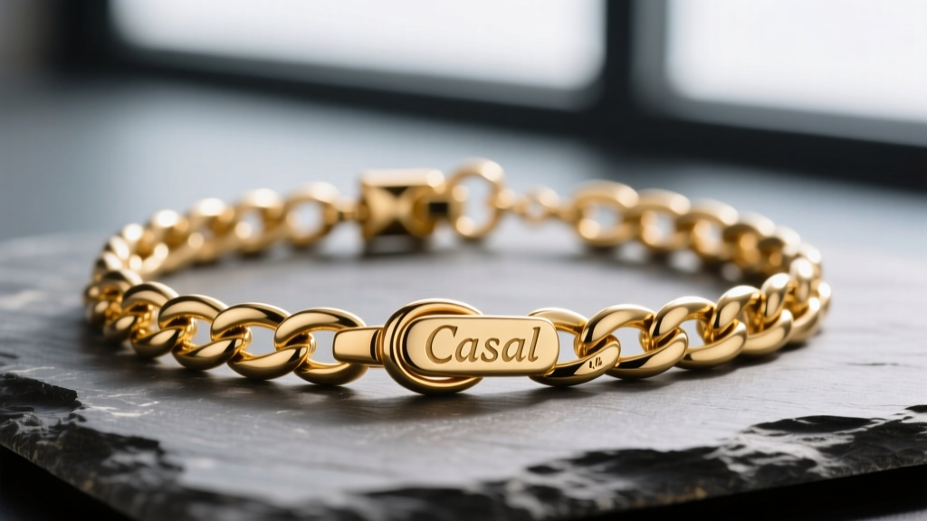Macro shot of a 14k gold Casal necklace on slate, showing intricate links, a sturdy lobster clasp, and stamped hallmarks.