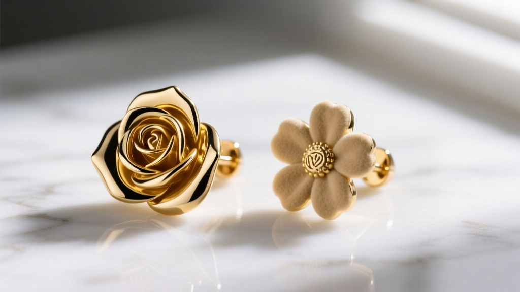 Macro shot of a polished 18k gold rose earring beside a matte 14k gold daisy earring on white marble, highlighting metal textures.