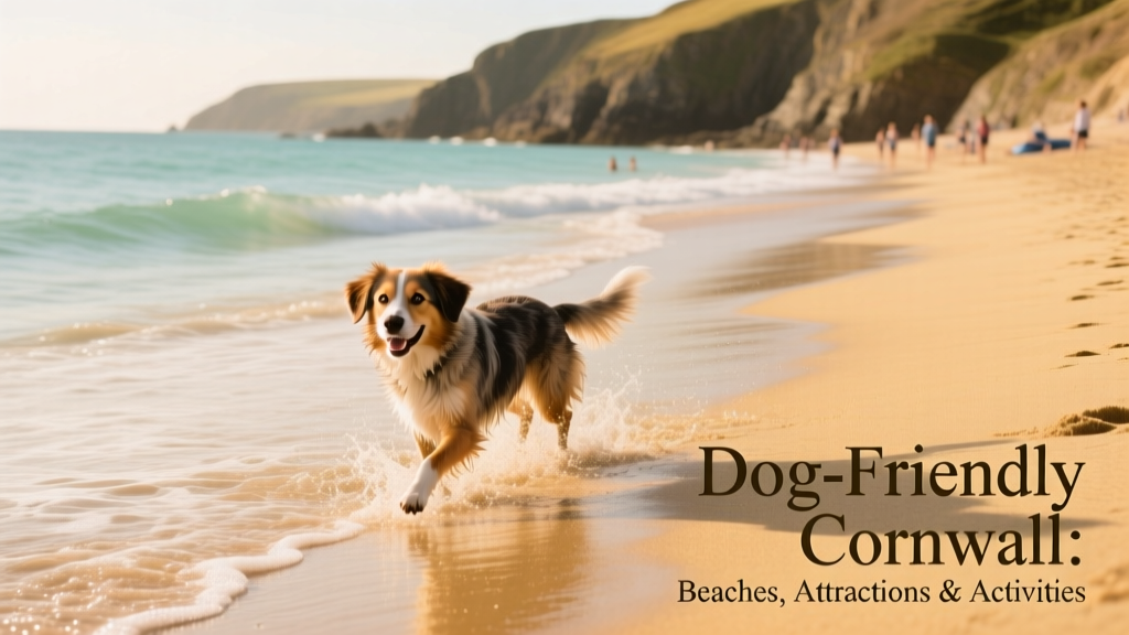 Harlyn Bay Beach in Cornwall with golden sand and gentle waves, showing a dog playing near the water's edge