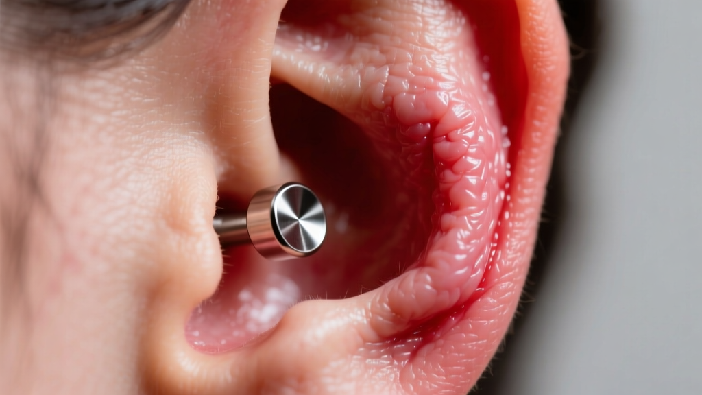 Macro shot of a swollen earlobe with a titanium stud partially embedded, clinical lighting highlighting the red reactive tissue.