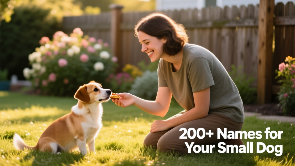 A person kneeling beside a small dog, gently holding a treat while smiling warmly during a training session