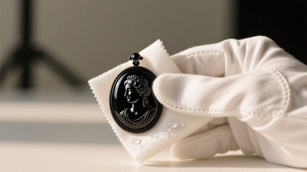 Hands wearing white cotton gloves gently wiping a black glass cameo pendant with a damp microfiber cloth under soft, warm lighting.