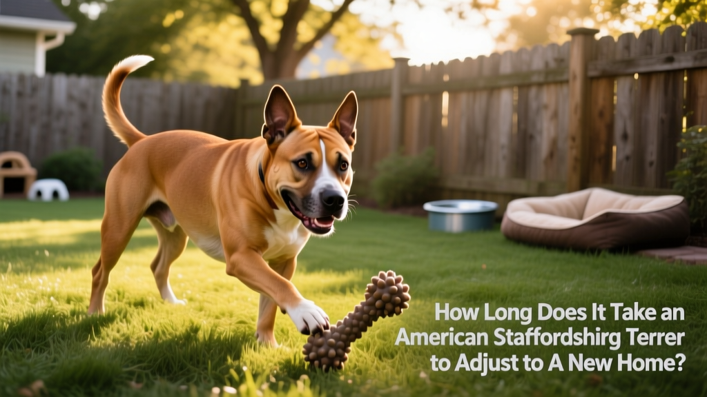 American Staffordshire Terrier playing gently with a durable chew toy in a fenced backyard, tail wagging happily
