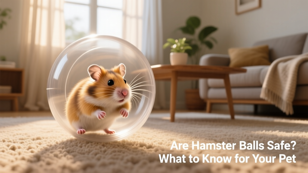 A hamster inside a clear plastic exercise ball rolling across a carpeted floor