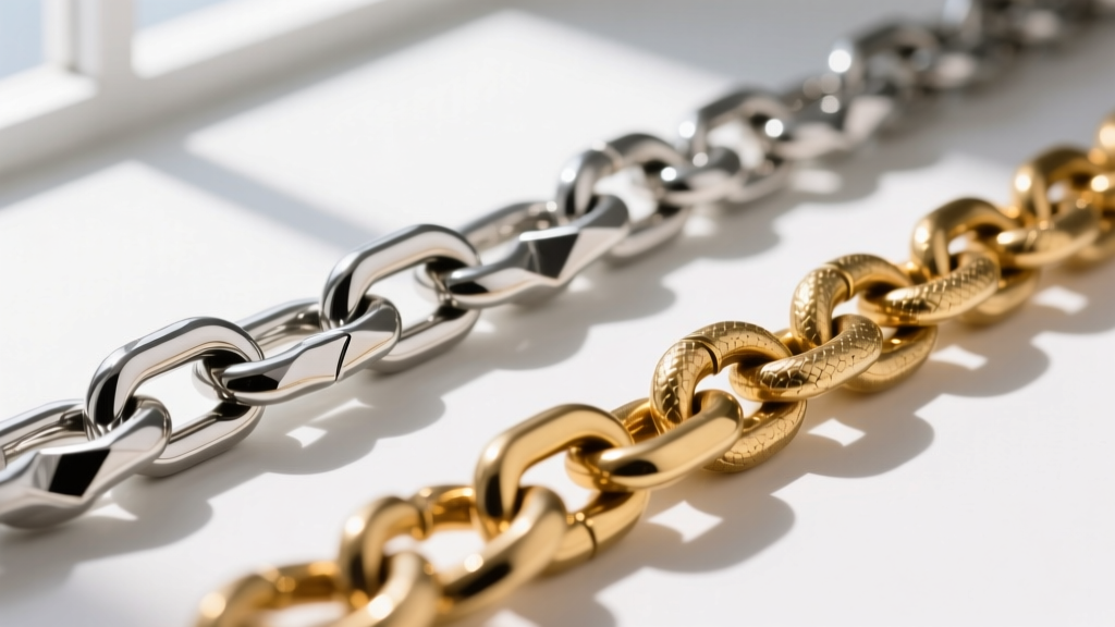 Side-by-side macro comparison of a stainless steel Franco chain and a brass Cuban link chain showing link interlocking patterns