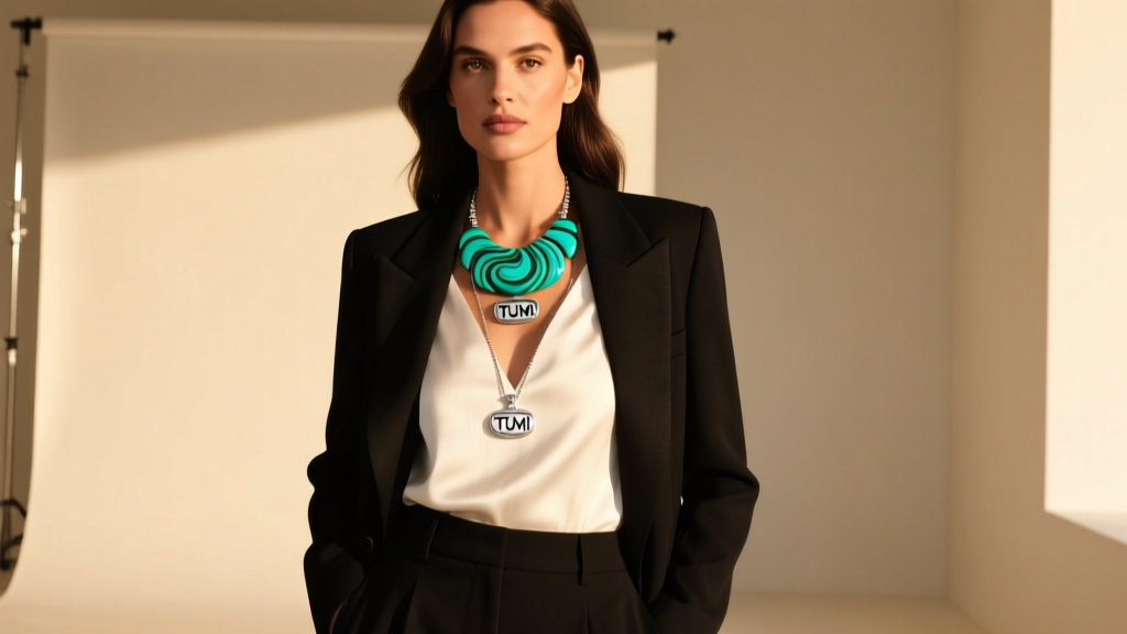 Woman modeling a layered look with a silver Tumi pendant and a vibrant chrysocolla statement Peru necklace in warm light.