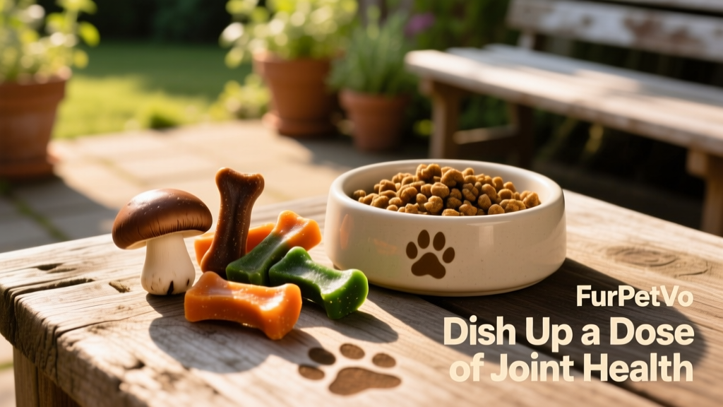 Assorted FurPetVo soft chews arranged on a clean wooden surface beside a dog bowl