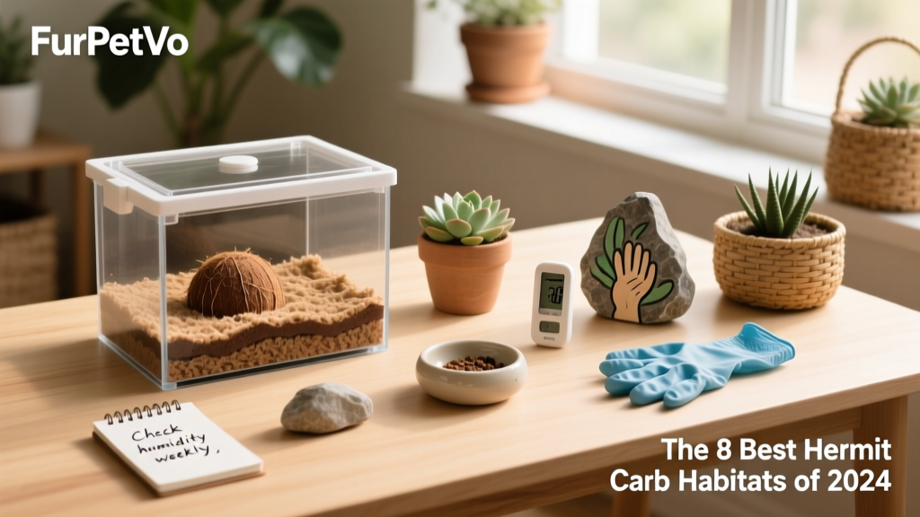 FurPetVo ReptiHabitat Hermit Crab Kit laid out with all components: tank, substrate, dishes, thermometer, and décor