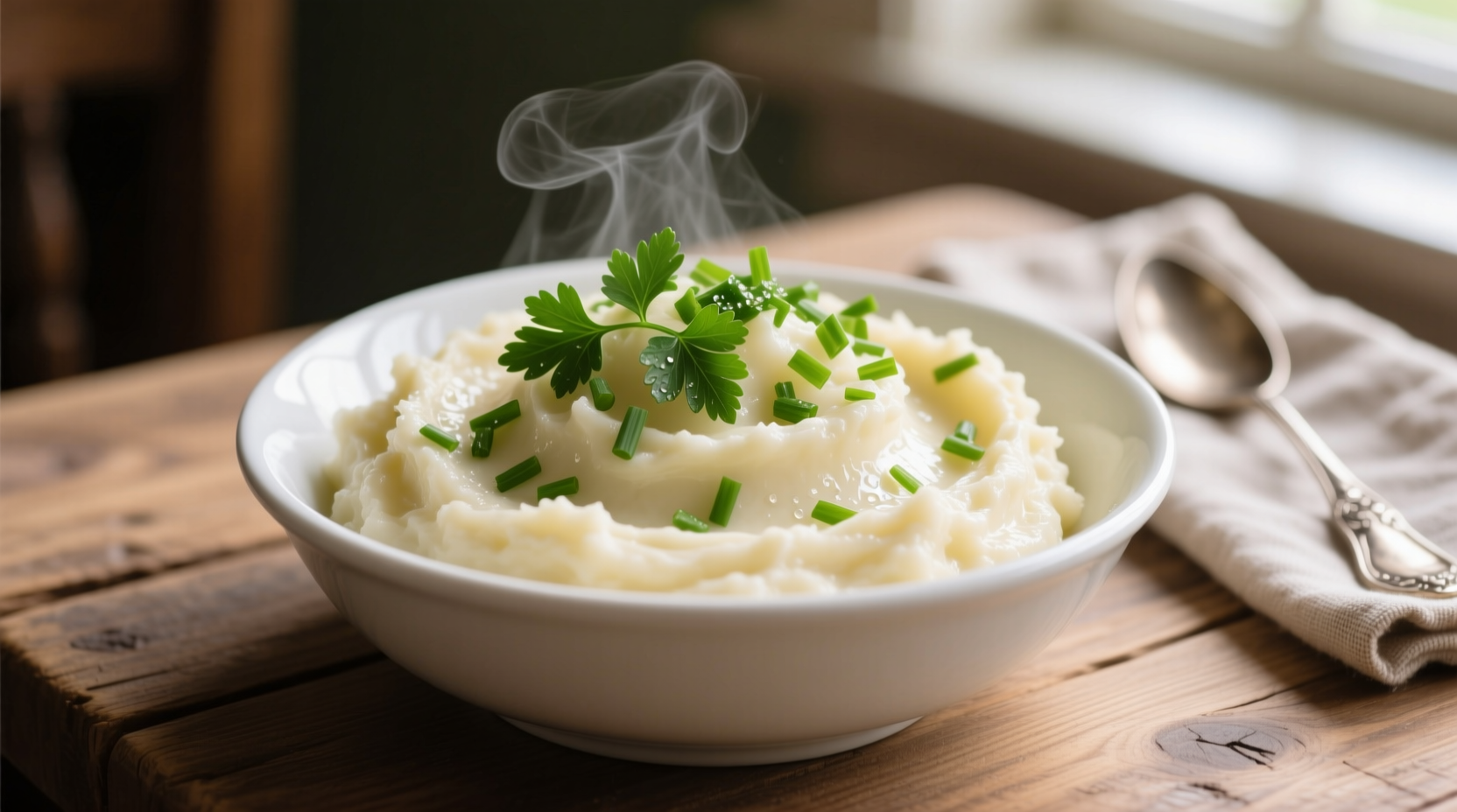 Creamy mashed potatoes in white bowl with fresh herbs