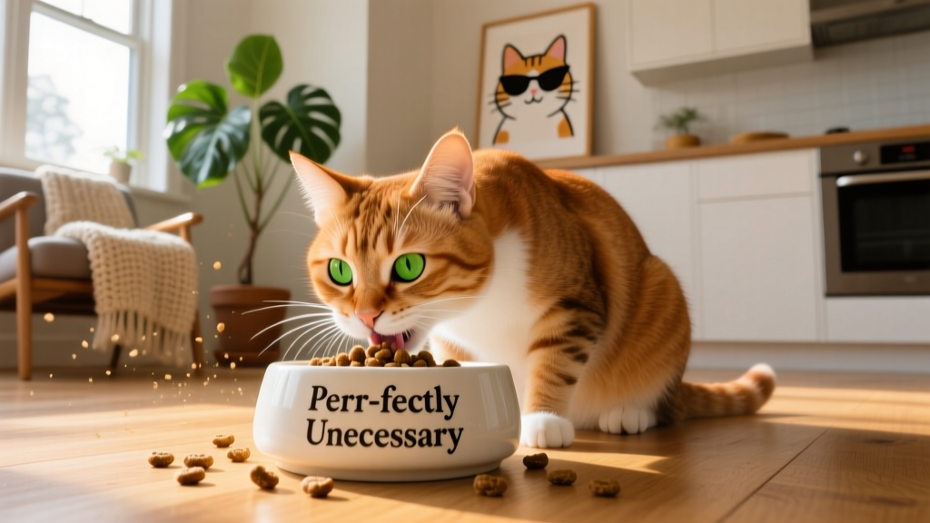 Cat eating from a bowl inside