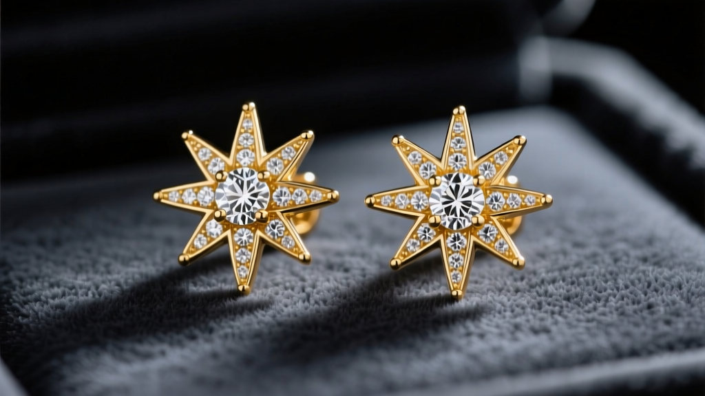 18k gold Yurman starburst earrings with pavé diamond centers resting on dark charcoal velvet under soft studio lighting.