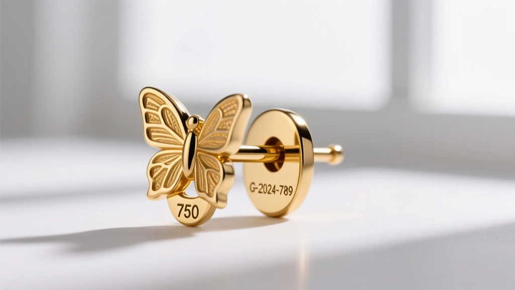 Close-up of an 18k gold earring post and butterfly clutch back, showing the tiny laser-engraved serial number and 750 hallmark.