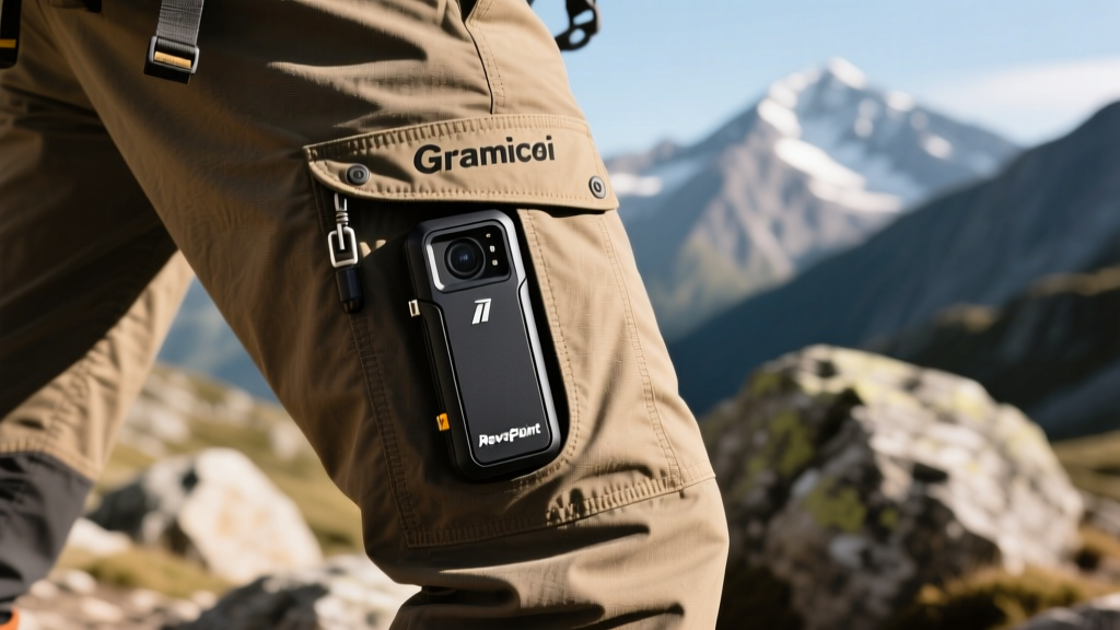 Close-up of the Gramicci Gadget Pant thigh pocket securely holding the Revopoint INSPIRE during a rocky hike.