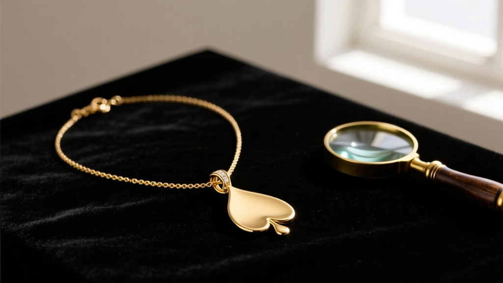 Gold-plated Kate Spade spade pendant necklace on black velvet next to a jeweler's loupe, lit by bright, focused studio lighting