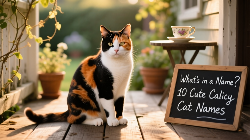 A relaxed adult calico cat sitting calmly on a porch with soft natural light