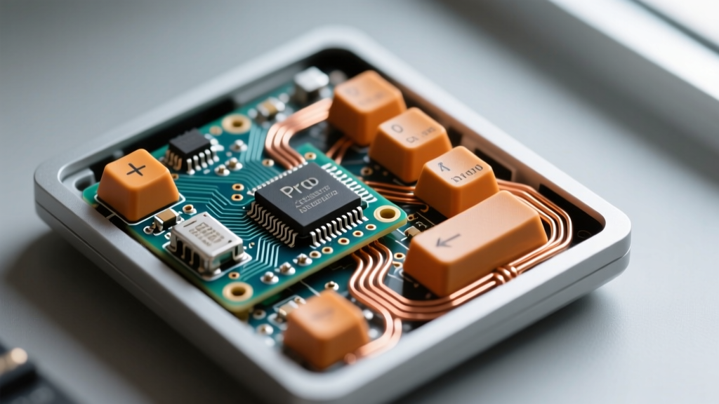Close-up of a disassembled 3D printed macro keypad showing an Arduino Pro Micro clone, tactile switches, and copper wire matrix routing.