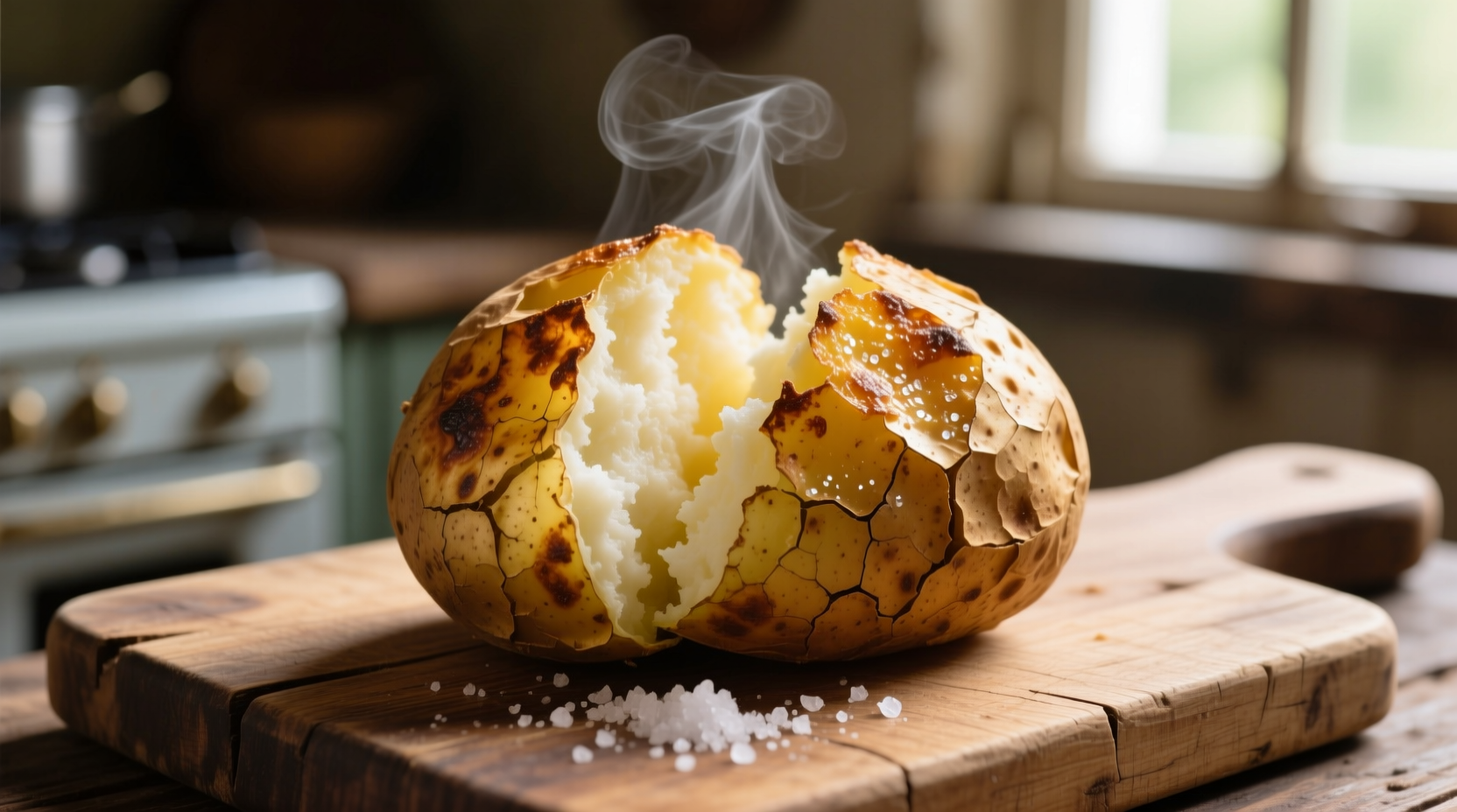Golden baked potato with crispy skin and fluffy interior