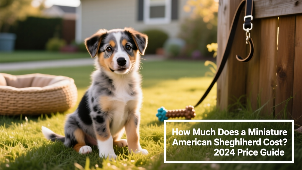 A happy, alert Miniature American Shepherd puppy sitting on grass, showcasing its characteristic merle or tri-color coat