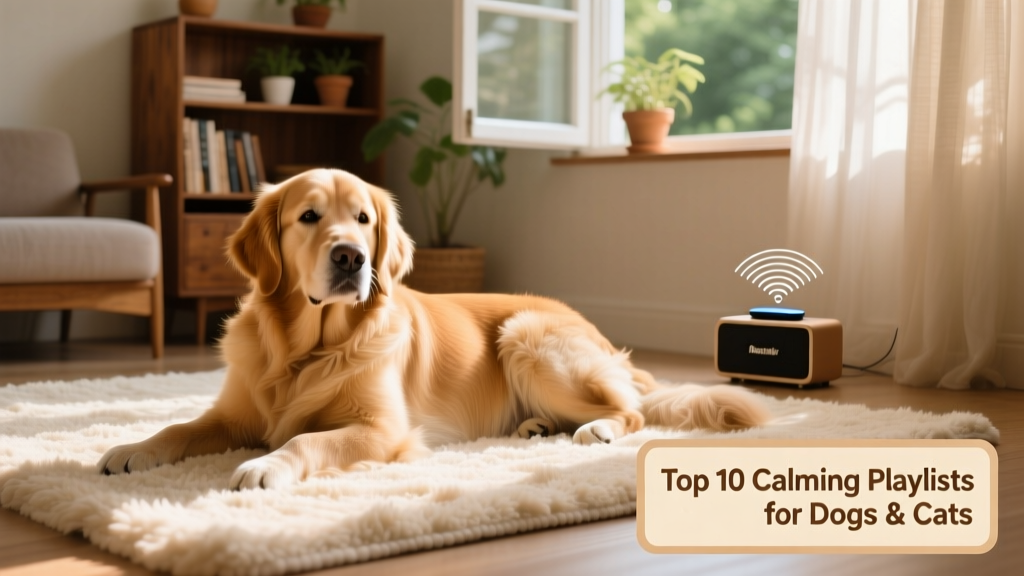 A relaxed golden retriever resting on a soft rug while gentle light filters through a nearby window