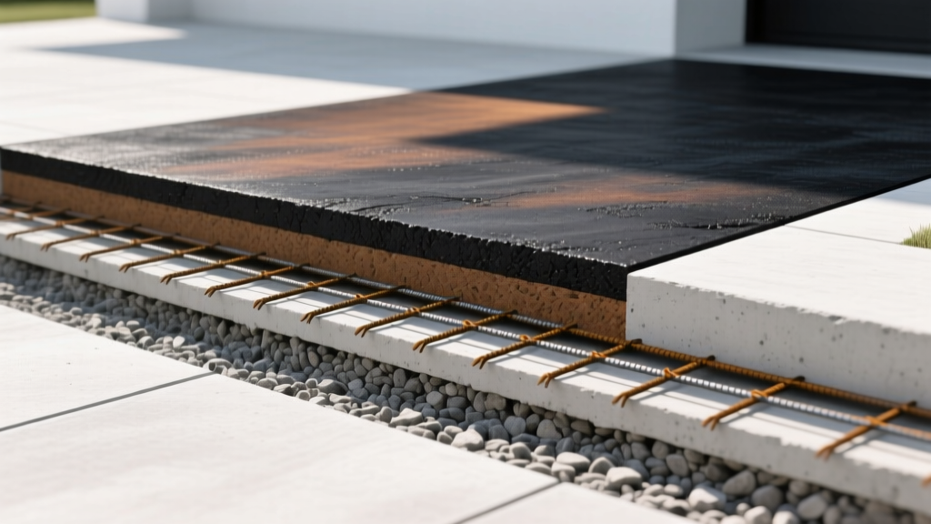 Cross-section diagram of asphalt and reinforced concrete driveways showing gravel subbase, rebar, and surface layers