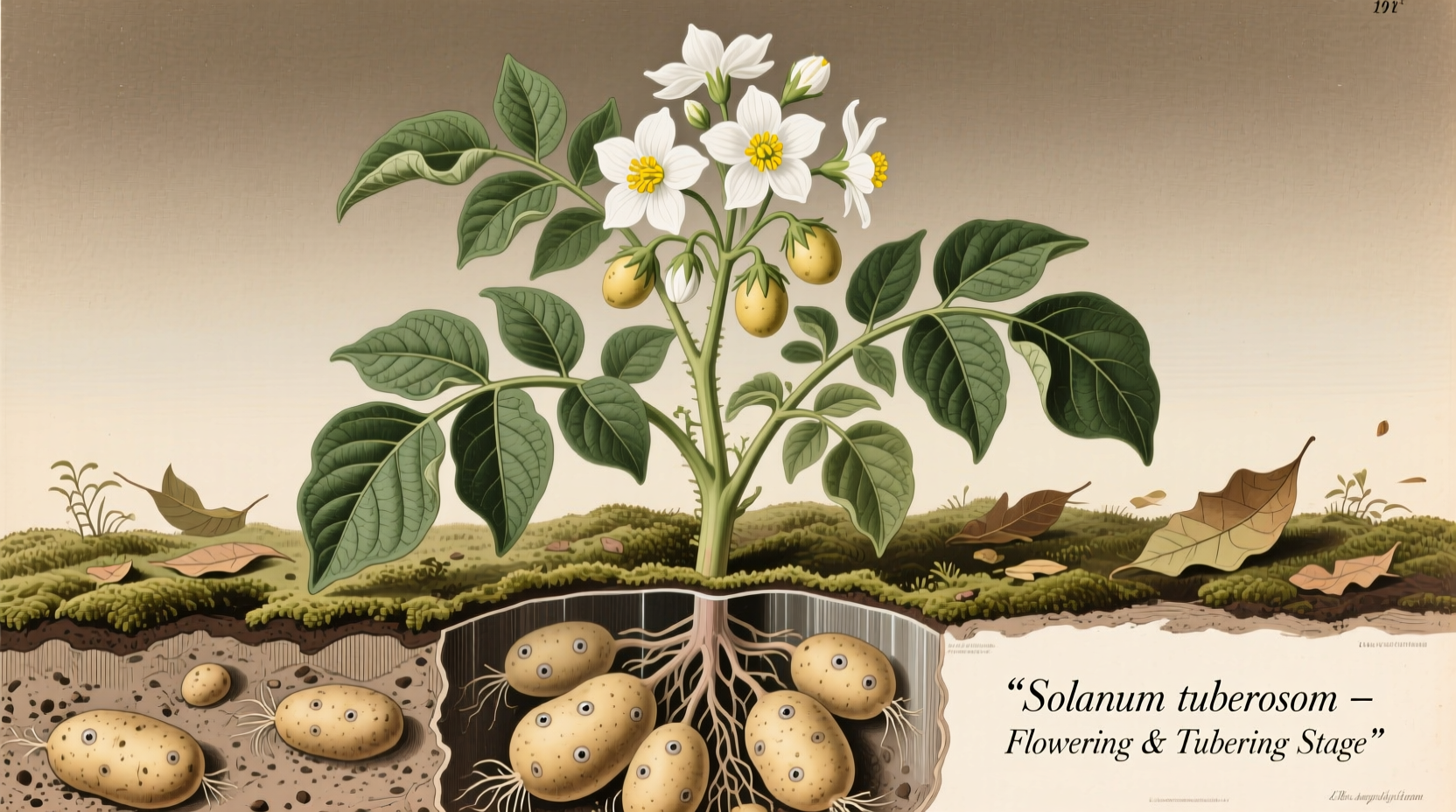 Potato plant showing flowers and tubers