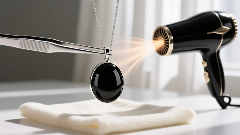 Hairdryer on low heat warming a black mood pendant held in silver jewelry tweezers over a soft microfiber cloth in a bright room.