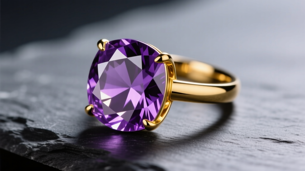 Faceted Canela amethyst gemstone set in a 14k yellow gold ring on dark slate, illuminated by soft directional studio lighting