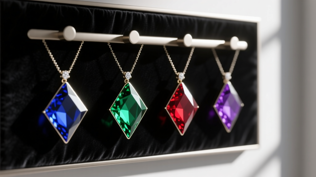 Minimalist necklace hanger wall with color-blocked gemstone pendants displayed against dark anti-tarnish velvet backing