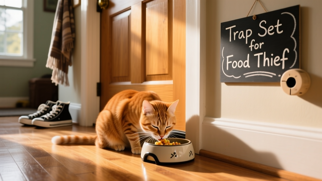 Cat peacefully eating from a food bowl placed near hallway entrance, looking relaxed and content