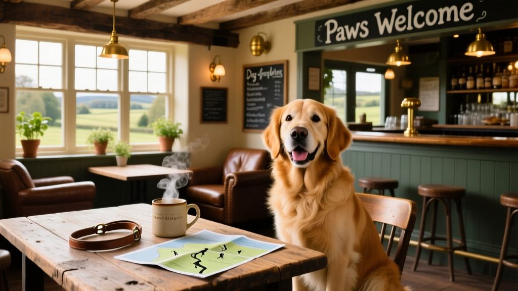 A cheerful dog sitting beside a rustic wooden table in a cozy, sunlit pub interior
