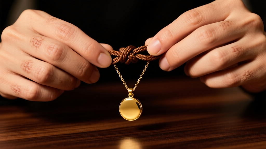 Close-up of hands tying a brown nylon slip knot on a gold pendant necklace, lit by warm studio lighting against a dark wood desk.