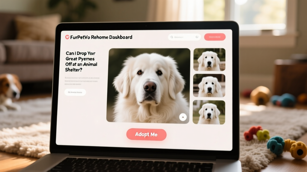 A laptop screen showing the FurPetVo rehoming dashboard with a Great Pyrenees profile open, including photos and 'Adopt Me' button