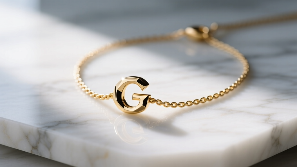 Solid 14k gold G initial necklace on marble, lit by soft morning light showing polished beveled edges and a delicate cable chain.