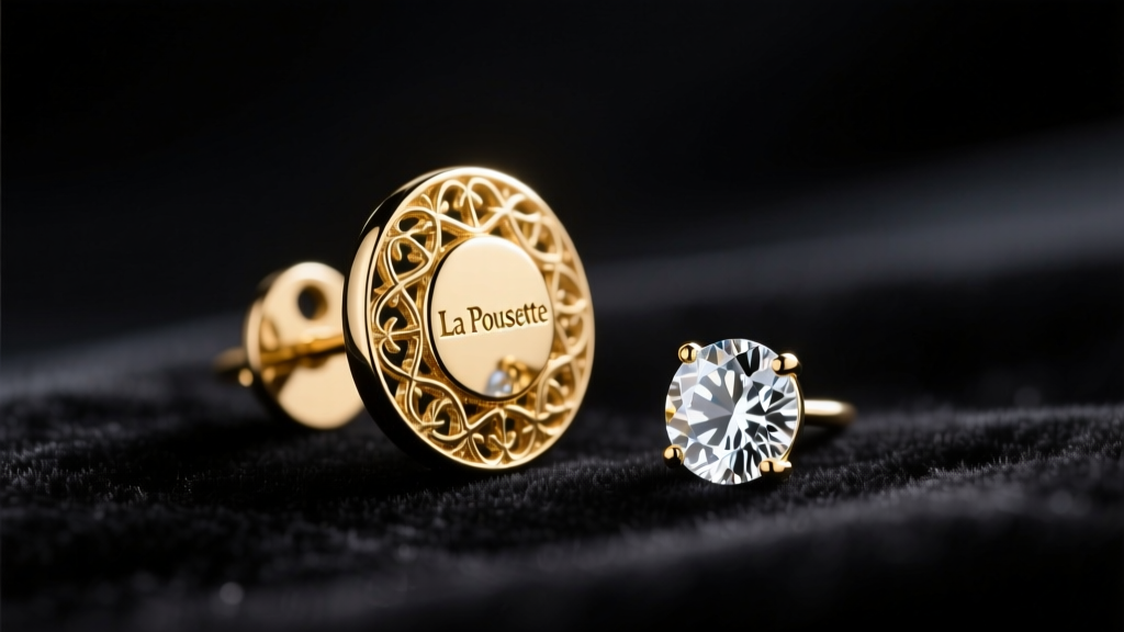 Macro shot of 18k gold La Pousette earring backs on dark velvet beside a round diamond stud earring under soft studio lighting.