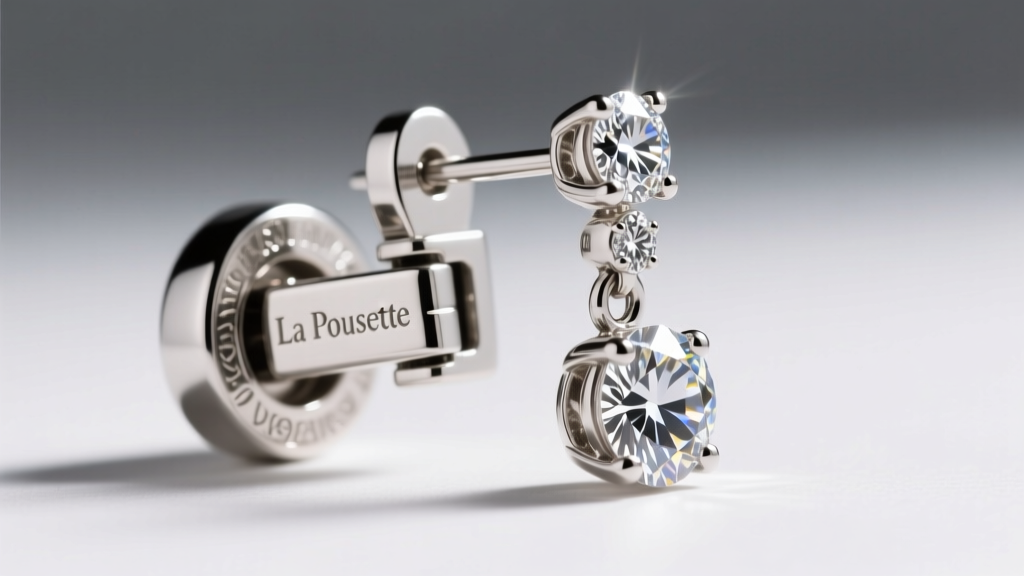 Close-up of a platinum La Pousette locking back securing an S&Y diamond drop earring, showing high-end jewelry security mechanics