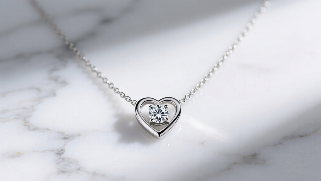 Flat lay of a sterling silver heart necklace with a simulated diamond on white marble, lit by soft natural window light
