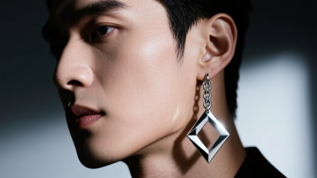 Male model wearing a sleek 18-gauge sterling silver geometric chain drop earring, moody studio lighting, sharp focus